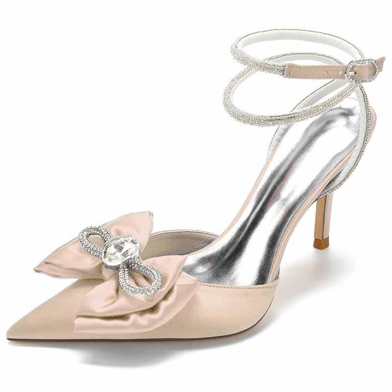 Elegant rhinestone bow high heel bridal shoes with an ankle strap and satin finish