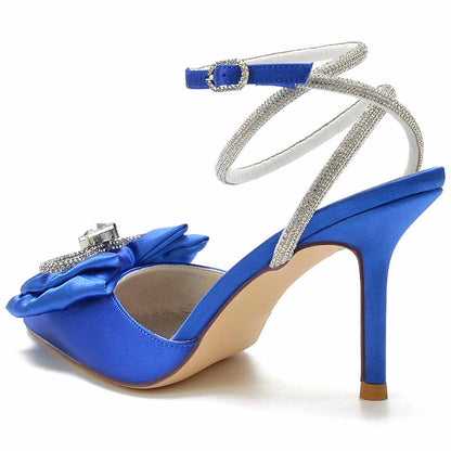 Elegant blue rhinestone bow high heel bridal shoes with delicate ankle strap and floral design