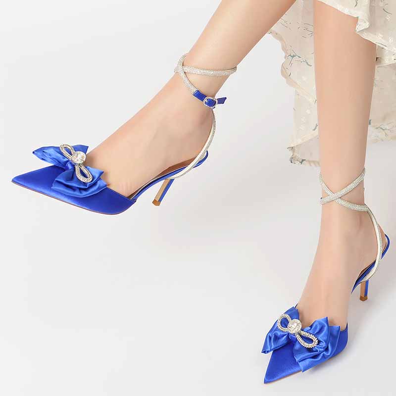 S&DCo. rhinestone bow high heel bridal shoes in blue satin with elegant ankle straps