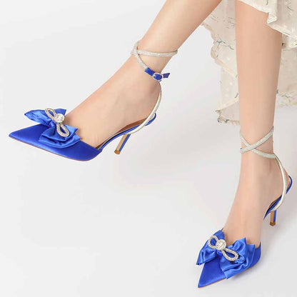 S&DCo. rhinestone bow high heel bridal shoes in blue satin with elegant ankle straps