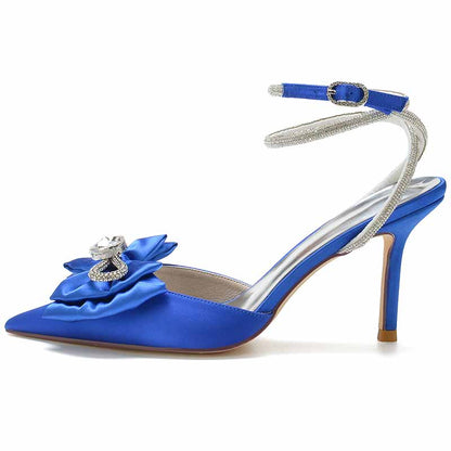 Blue satin rhinestone bow high heel bridal shoes with elegant design and adjustable ankle strap