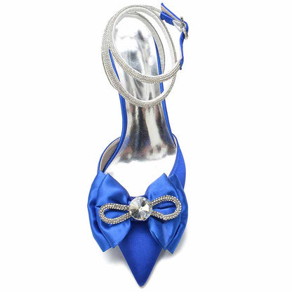 Blue rhinestone bow high heel bridal shoes with satin finish and ankle strap detail