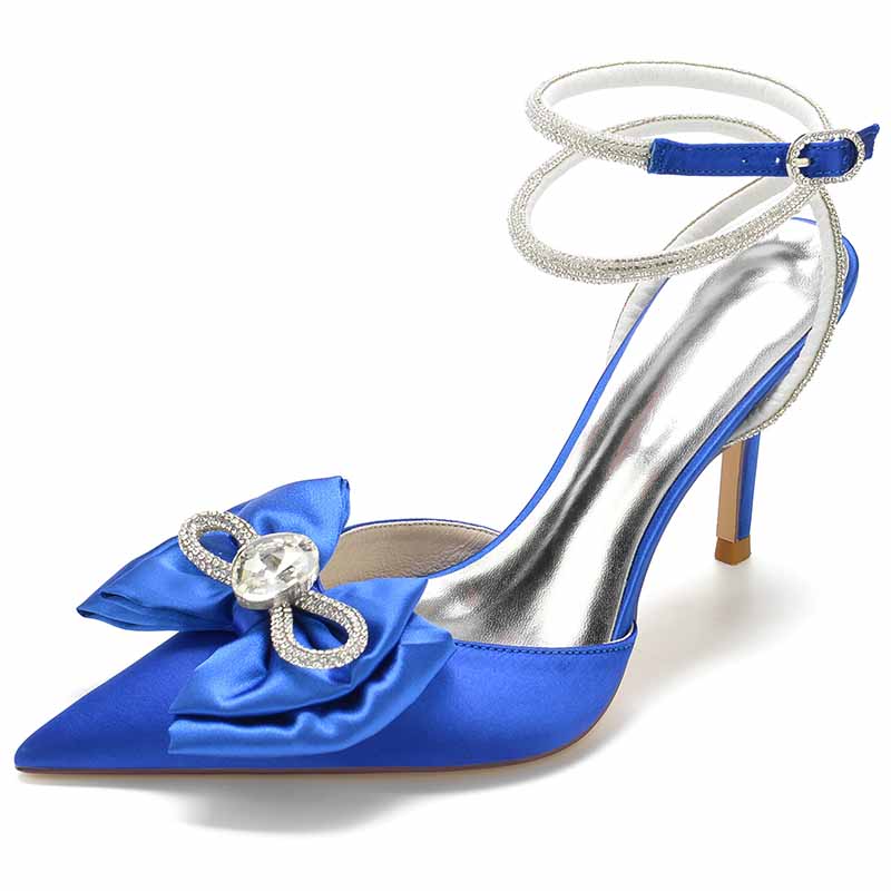 Blue rhinestone bow high heel bridal shoes with elegant ankle strap and sparkling embellishments