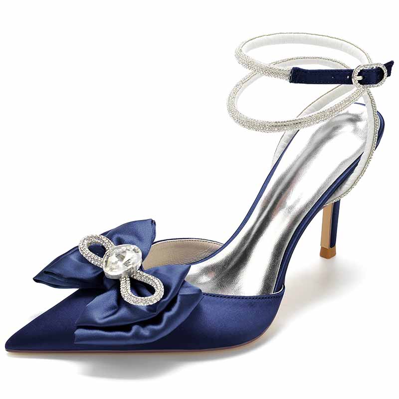 Elegant rhinestone bow high heel bridal shoes in navy blue with a stylish ankle strap
