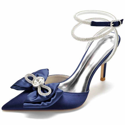 Elegant rhinestone bow high heel bridal shoes in navy blue with a stylish ankle strap