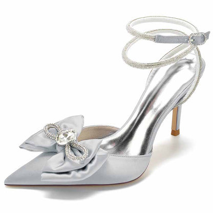 Elegant rhinestone bow high heel bridal shoes in silver with an ankle strap design