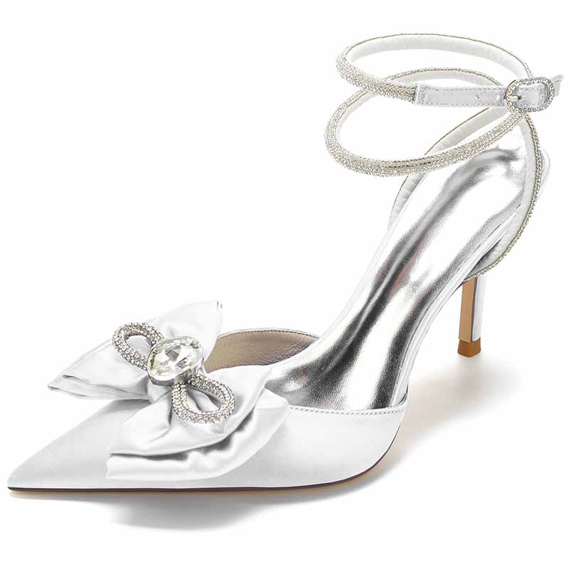 Elegant white rhinestone bow high heel bridal shoes with ankle strap for weddings
