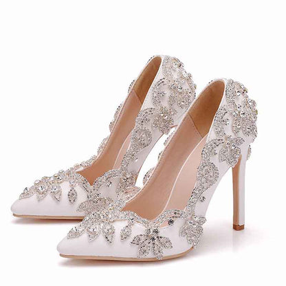 Elegant bridal rhinestone high heel pumps with floral embellishments, perfect for weddings