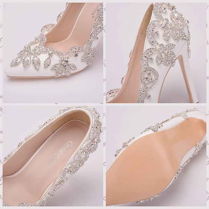 Elegant bridal rhinestone high heel pumps with intricate floral detailing and a classic silhouette