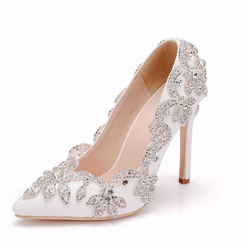Bridal Rhinestone High Heel Pumps with Elegant Floral Design and Pointed Toe