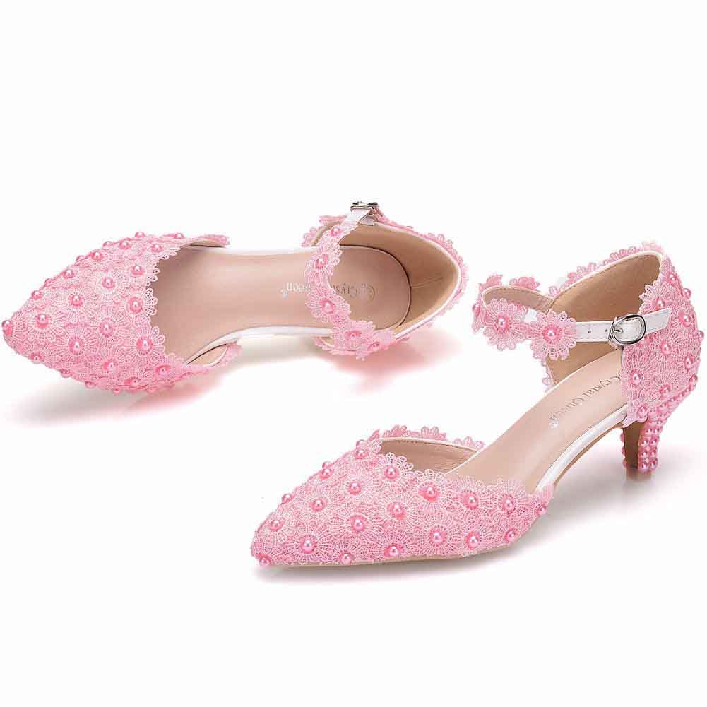 Pink comfortable bridal sandals low heel with lace embellishments and ankle strap