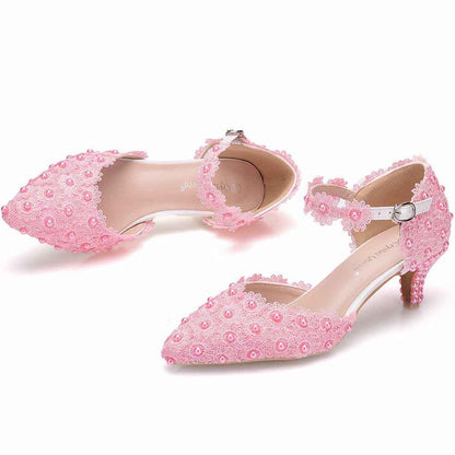 Pink comfortable bridal sandals low heel with lace embellishments and ankle strap