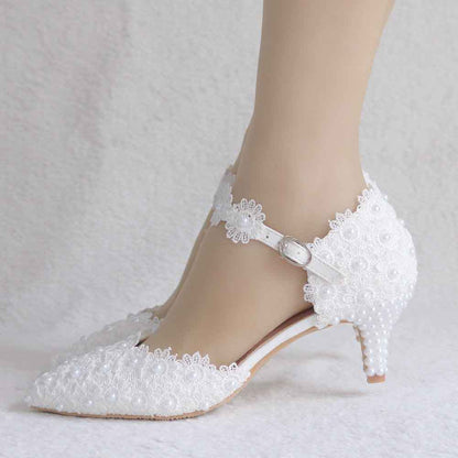 Elegant comfortable bridal sandals low heel with lace detailing and ankle strap