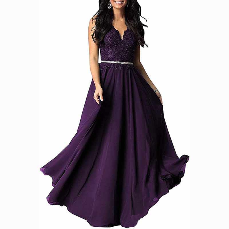 Applique Chiffon Long Bridesmaid Dress Wedding Guest Dress With Beads Belt