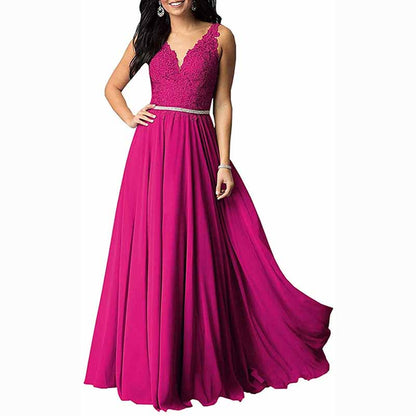 Applique Chiffon Long Bridesmaid Dress Wedding Guest Dress With Beads Belt