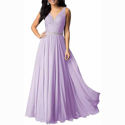 Applique Chiffon Long Bridesmaid Dress Wedding Guest Dress With Beads Belt