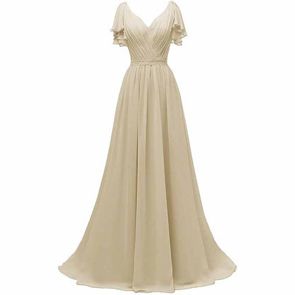 Women Ruffle Sleeves Bridesmaid Dress Chiffon Long Formal Wedding Evening Gowns