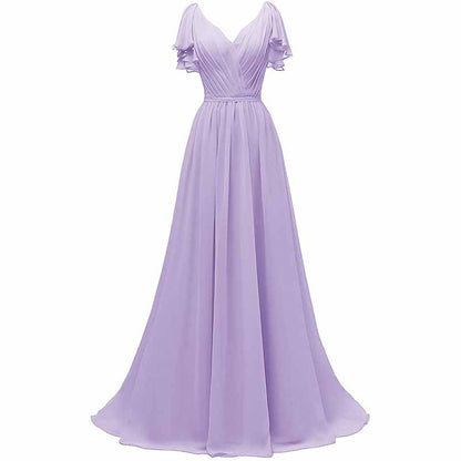 Women Ruffle Sleeves Bridesmaid Dress Chiffon Long Formal Wedding Evening Gowns