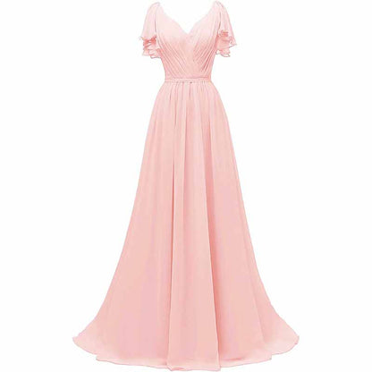 Women Ruffle Sleeves Bridesmaid Dress Chiffon Long Formal Wedding Evening Gowns