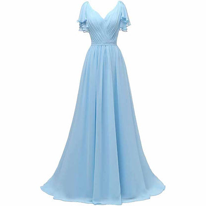 Women Ruffle Sleeves Bridesmaid Dress Chiffon Long Formal Wedding Evening Gowns