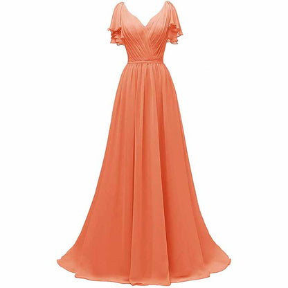 Women Ruffle Sleeves Bridesmaid Dress Chiffon Long Formal Wedding Evening Gowns