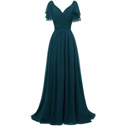 Women Ruffle Sleeves Bridesmaid Dress Chiffon Long Formal Wedding Evening Gowns