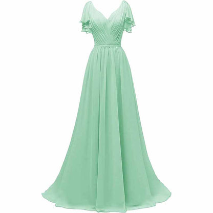 Women Ruffle Sleeves Bridesmaid Dress Chiffon Long Formal Wedding Evening Gowns