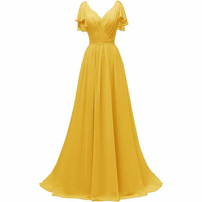 Women Ruffle Sleeves Bridesmaid Dress Chiffon Long Formal Wedding Evening Gowns