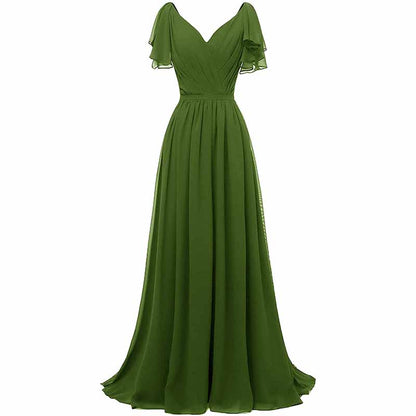 Women Ruffle Sleeves Bridesmaid Dress Chiffon Long Formal Wedding Evening Gowns