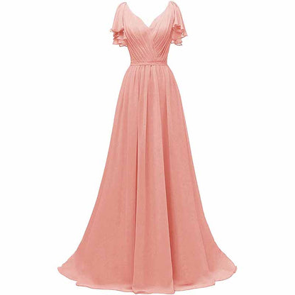 Women Ruffle Sleeves Bridesmaid Dress Chiffon Long Formal Wedding Evening Gowns