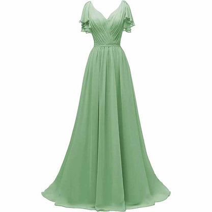 Women Ruffle Sleeves Bridesmaid Dress Chiffon Long Formal Wedding Evening Gowns