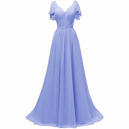 Women Ruffle Sleeves Bridesmaid Dress Chiffon Long Formal Wedding Evening Gowns