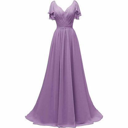 Women Ruffle Sleeves Bridesmaid Dress Chiffon Long Formal Wedding Evening Gowns