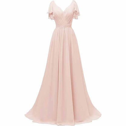 Women Ruffle Sleeves Bridesmaid Dress Chiffon Long Formal Wedding Evening Gowns