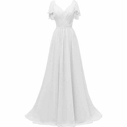 Women Ruffle Sleeves Bridesmaid Dress Chiffon Long Formal Wedding Evening Gowns