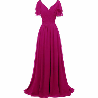 Women Ruffle Sleeves Bridesmaid Dress Chiffon Long Formal Wedding Evening Gowns