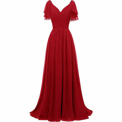 Women Ruffle Sleeves Bridesmaid Dress Chiffon Long Formal Wedding Evening Gowns