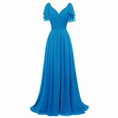 Women Ruffle Sleeves Bridesmaid Dress Chiffon Long Formal Wedding Evening Gowns