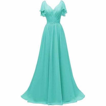Women Ruffle Sleeves Bridesmaid Dress Chiffon Long Formal Wedding Evening Gowns