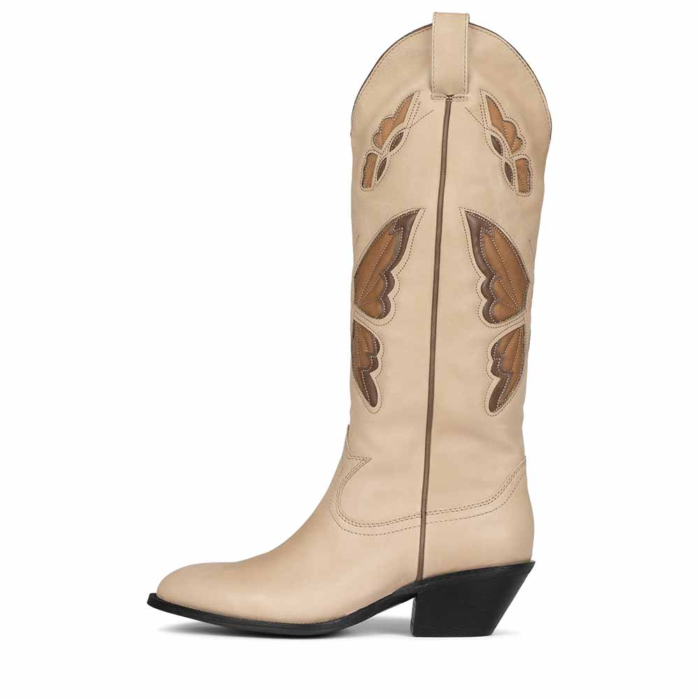 Elegant butterfly western boots for women in beige with intricate wing designs for a stylish look