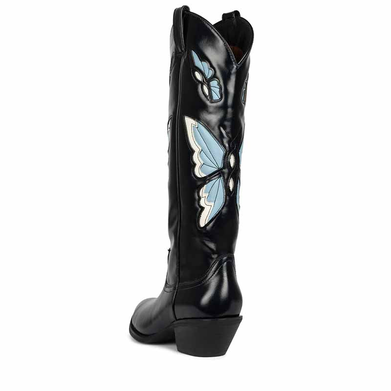 Black butterfly western boots for women featuring intricate blue butterfly designs on the shaft
