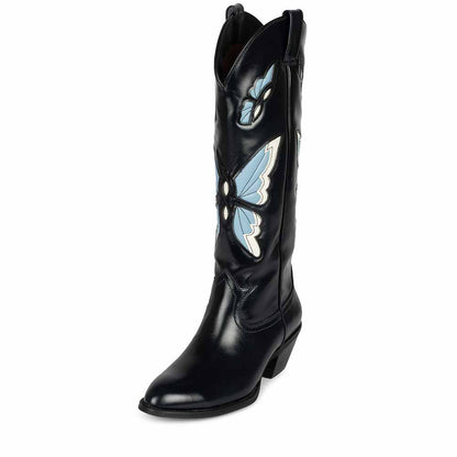Stylish butterfly western boots for women in black with blue butterfly designs and a classic fit