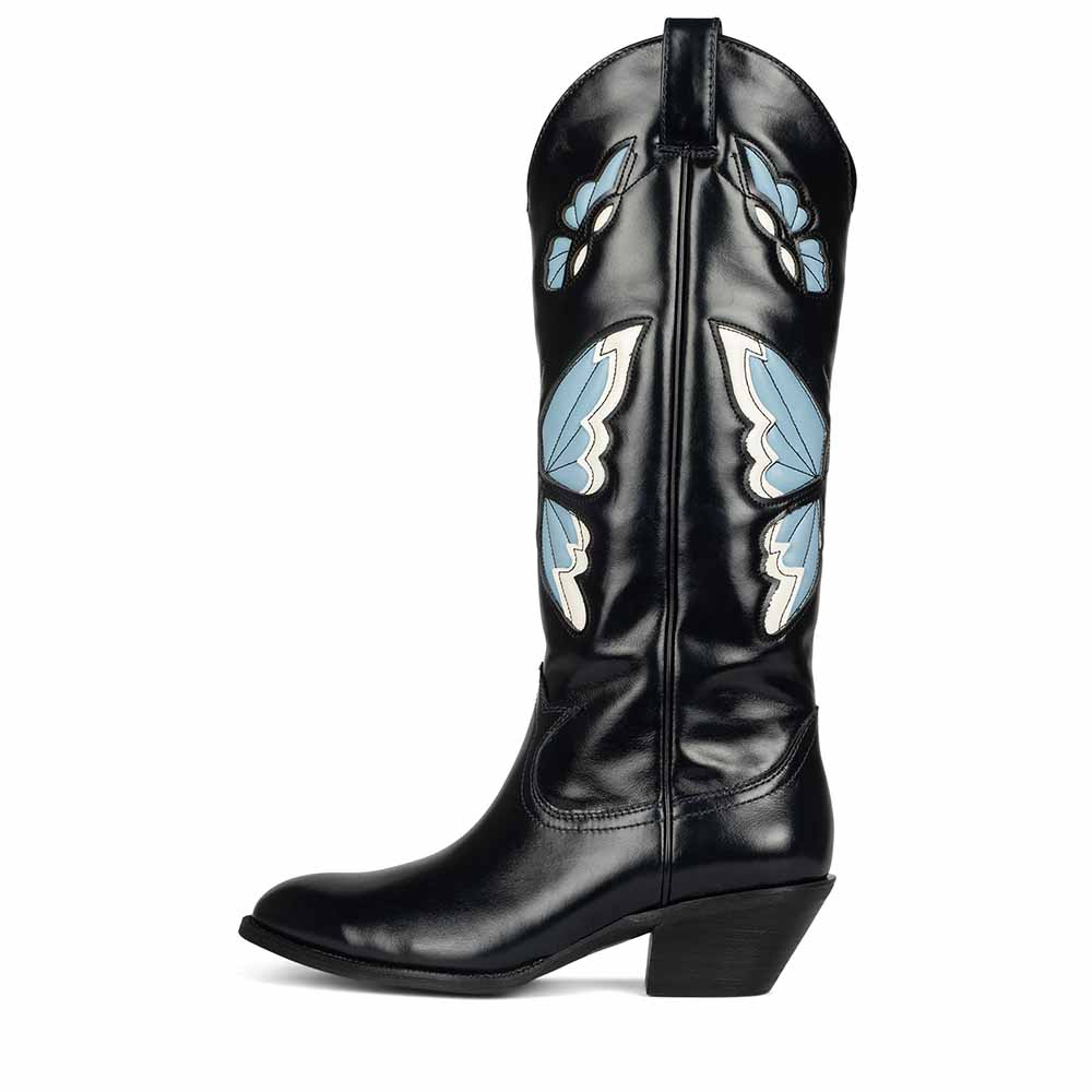 Black butterfly western boots for women with blue butterfly designs for stylish comfort