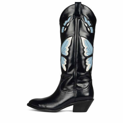 Black butterfly western boots for women with blue butterfly designs for stylish comfort