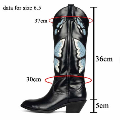 Butterfly western boots for women in black with blue butterfly accents and stylish heel
