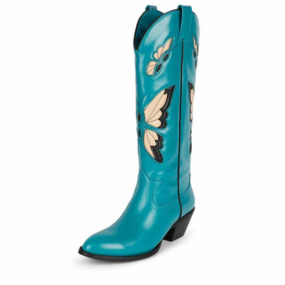 Bright blue butterfly western boots for women with intricate butterfly designs on the shaft