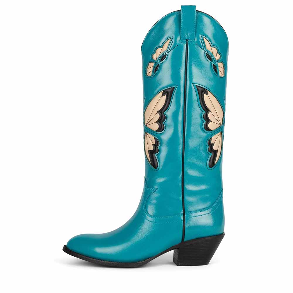 Butterfly western boots for women in turquoise with decorative butterfly accents