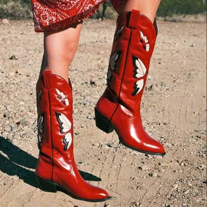 Red butterfly western boots for women with stylish butterfly embroidery and a pointed toe design
