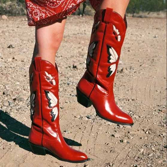 Red butterfly western boots for women with stylish butterfly embroidery and a pointed toe design