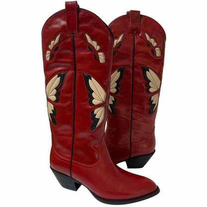 Stylish red butterfly western boots for women featuring artistic butterfly designs for a trendy look